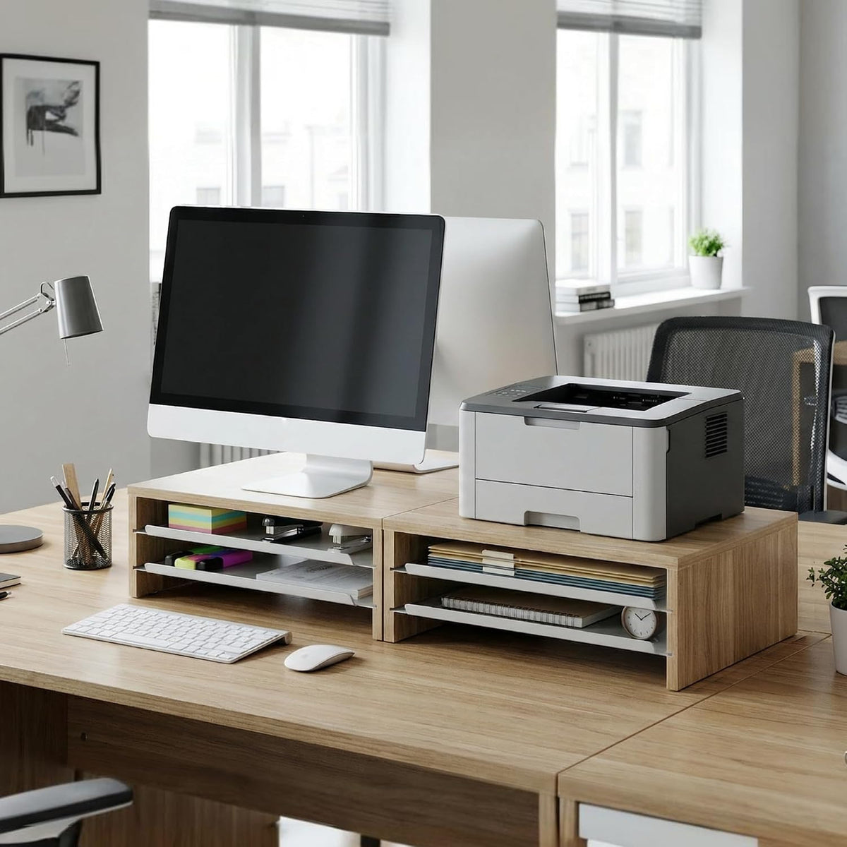 Fenge 14.3-Inch Monitor Stand with Slide-Out Trays, Wood & Metal Desk Shelf