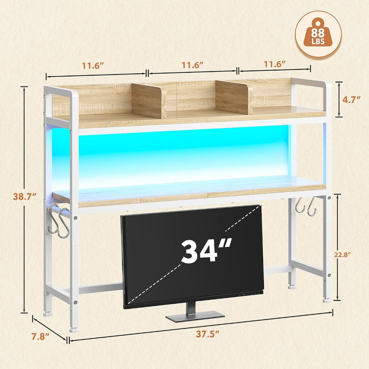REIBII 2-Tier Desk Shelf with LED for Bedroom and Home Office, White