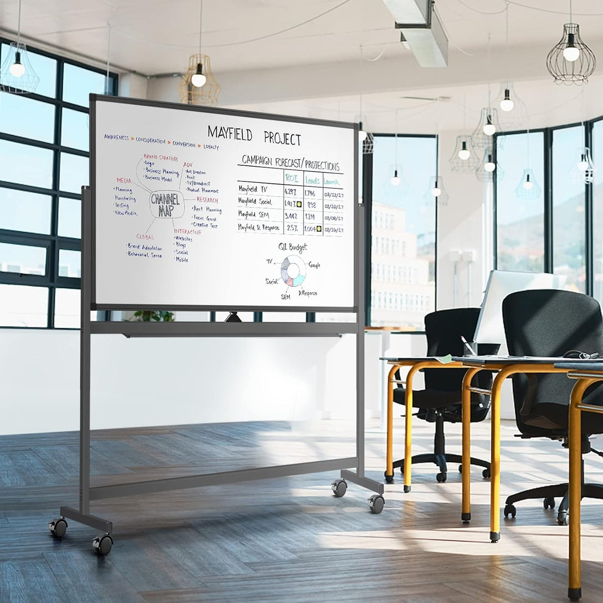 Maxtek Rolling White Board on Wheels 48x32 in, Double-Sided Magnetic Black