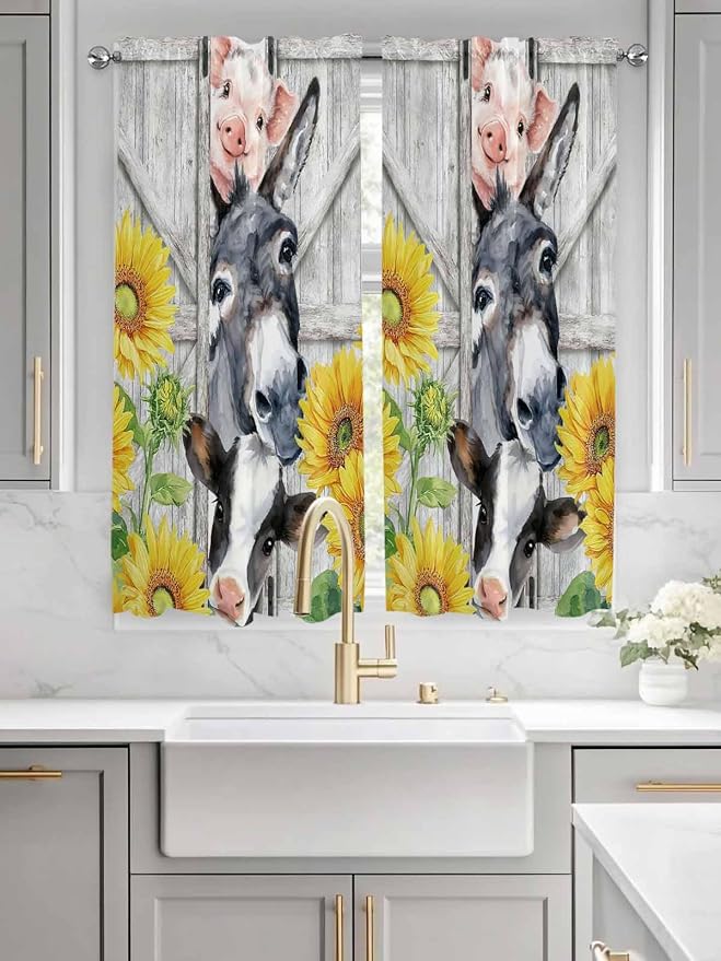 Farmhouse Bedroom Curtains 63 Inches length, Watercolor Sunflowers Animals