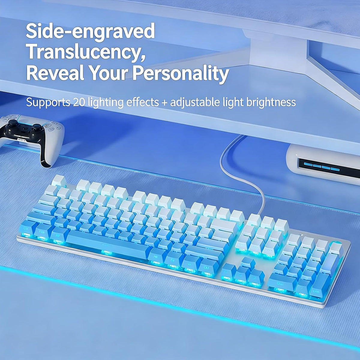 HP GK400F Mechanical Gaming Keyboard, 104 Keys Wired Keyboard with Brown Switches, Mixed Lighting, Double-Shot ABS Keycaps, for Desktop and Laptop (Glacier Blue)