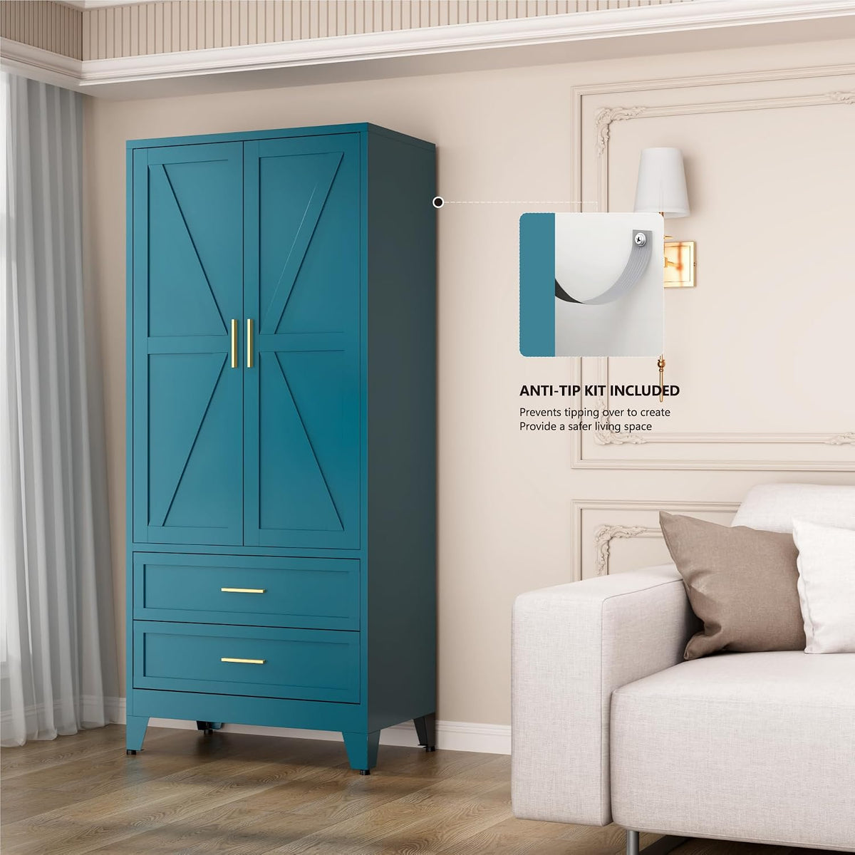 Metal Wardrobe Closet with Doors, 71" Tall Armoire Wardrobe with 2 Drawers and Hanging Rod, Farmhouse Steel Wardrobe Storage Cabinet for Bedroom, Laundry Room, Cloak Room -Blue