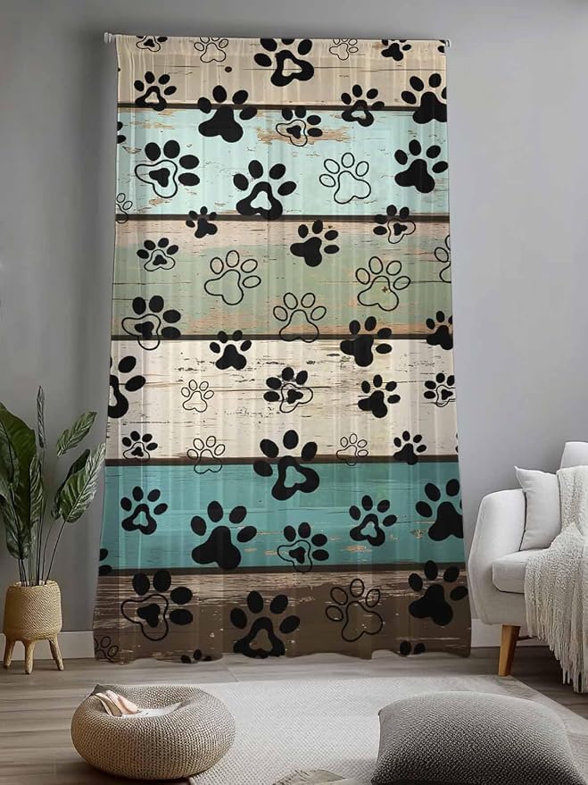 Sheer Curtains 84 Inches Long, Sage Green Brown Paw Prints Semi Sheer Curtains