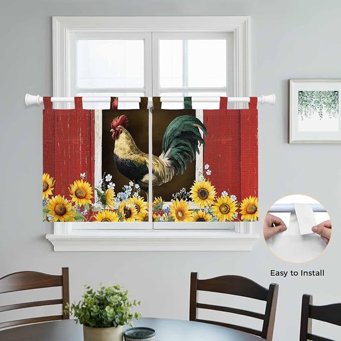 Chicken Sunflowers Kitchen Curtains 24 Inch Length, Small Window Curtains Tab