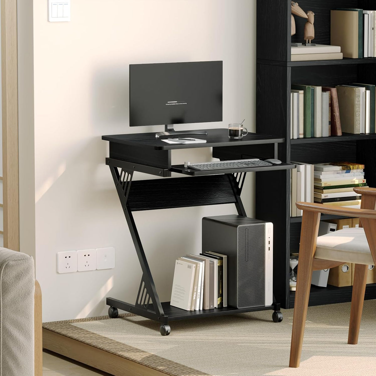 Zenira 24-Inch Small Computer Desk, Z Shape Laptop Desk Cart on Wheels