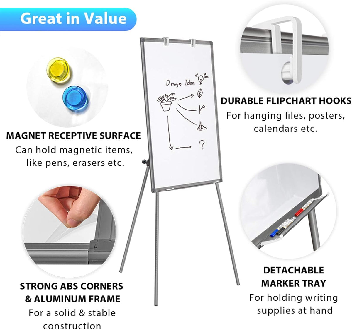 Maxtek Easel Whiteboard 36 x 24, Stand Tripod with Height Adjustable, Gray