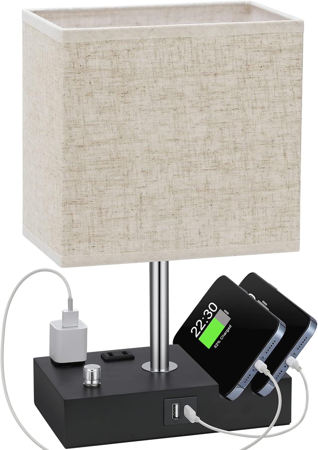 Beige Table Lamp for Bedroom - Stepless Dimmable, USB C+A, 2 AC Outlets