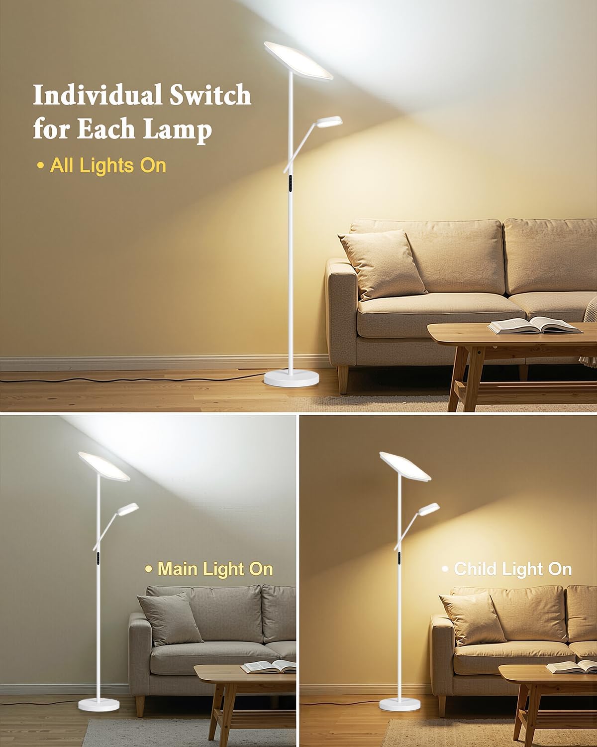 Floor Lamp, Upgraded 36W 3000LM Torchiere Super Bright LED Floor Lamp for Living Room, Stepless Dimmable Black Modern Standing Lamp with Remote & Touch Control, Tall Lamp for Bedroom, Office, White