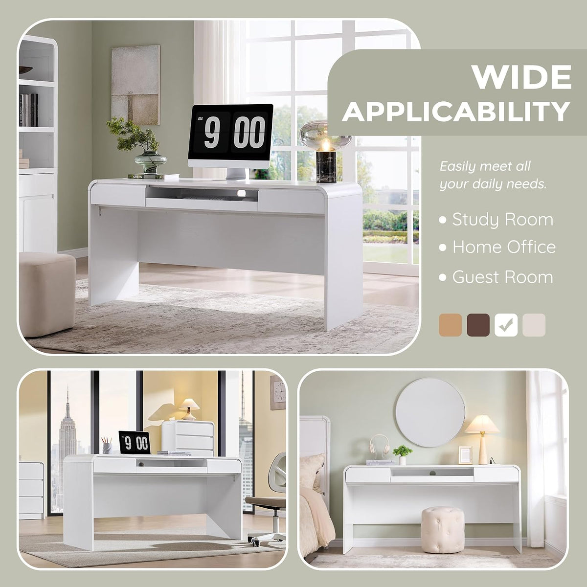 63" Modern Computer Desk with 2 Drawers, Wood Curved (White)