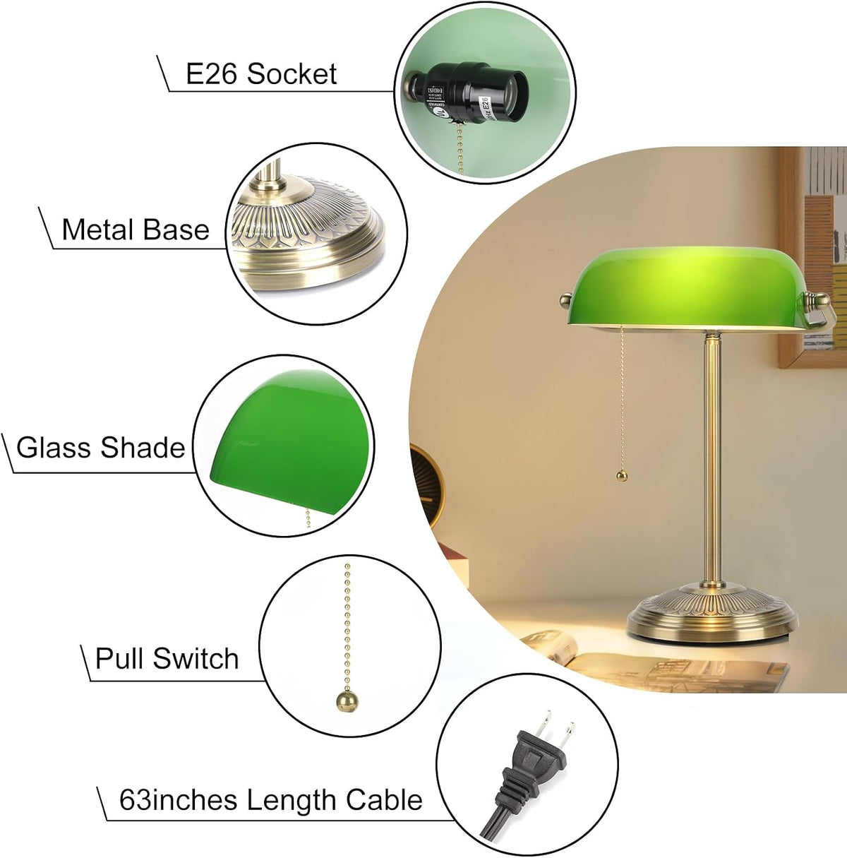 Bankers Lamp, Brass Finish with Pull Switch, Green Glass Shade