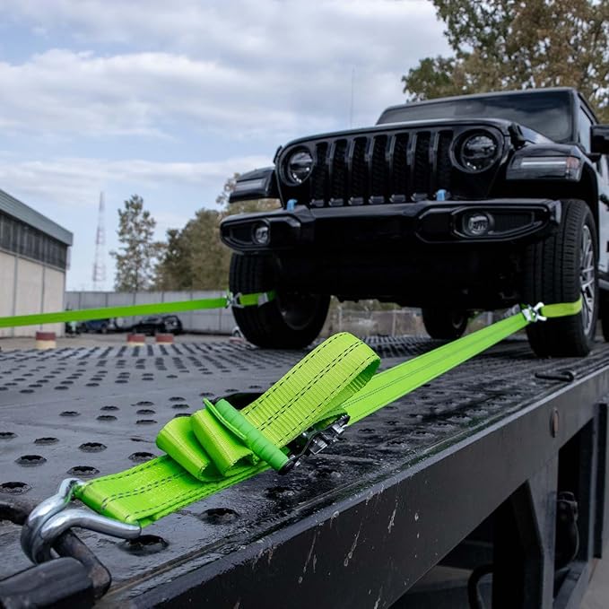 Vulcan Complete Axle Tie Down Kit - High-Viz - Includes 4x 22" & 36" Axle Straps, 4x 15' Wire J Hook Ratchet Straps
