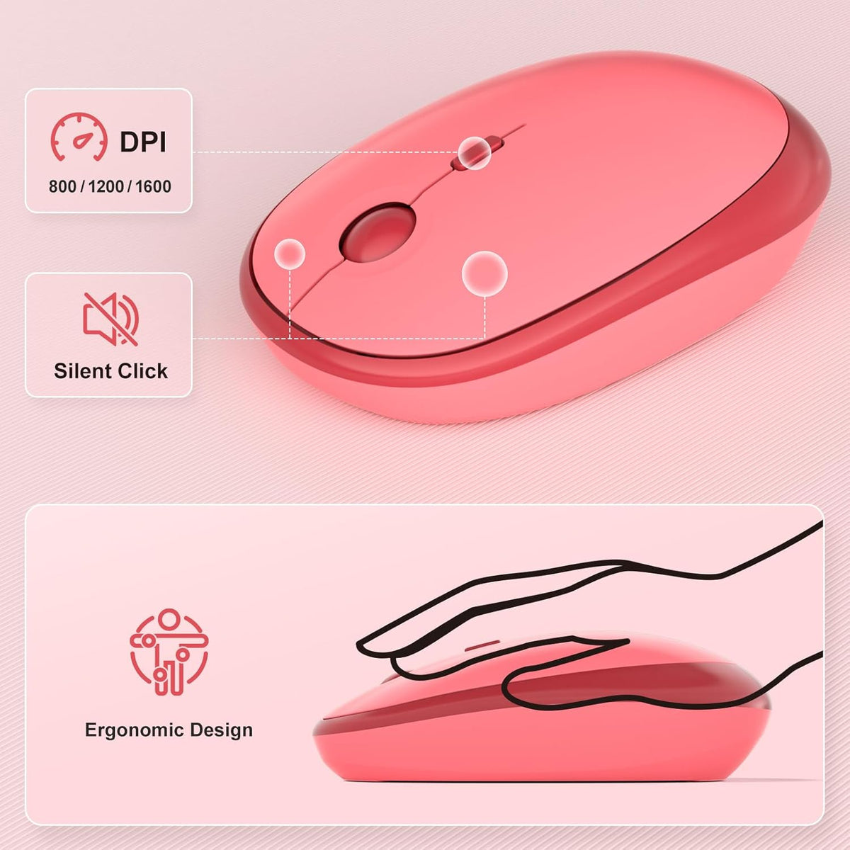 MOFII Wireless Keyboard and Mouse Combo, Cute Keyboard Full Size and Wireless Mouse, 2.4GHz Retro Typewriter Keyboard Mouse Set for PC/Desktop/Laptop/Windows (Hot Pink)