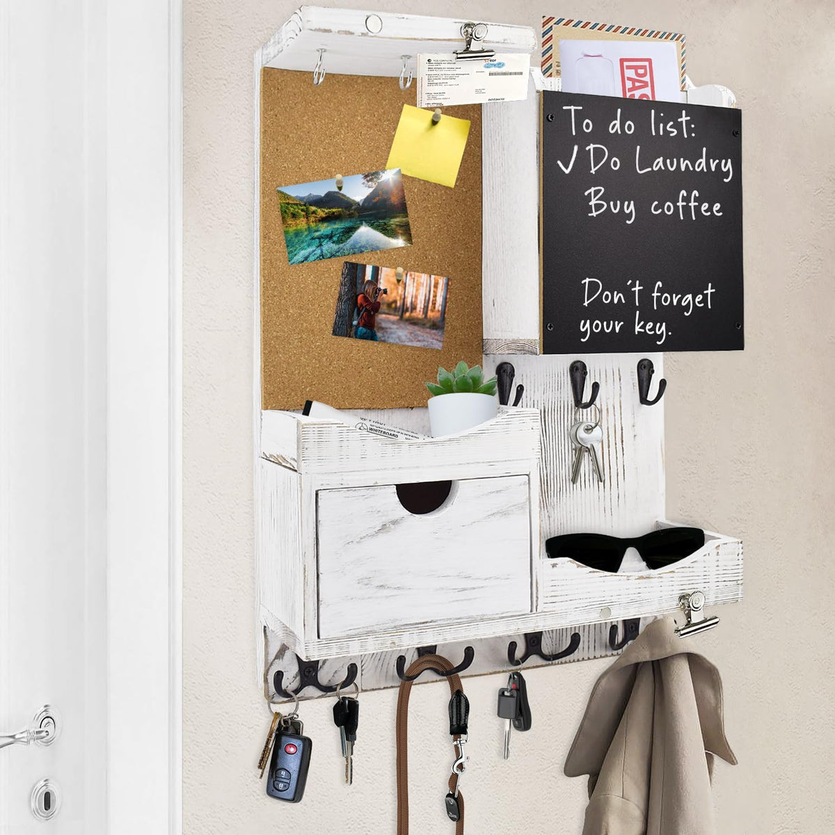Key Holder Wall Mount with Drawer and Mail Organizer, Whitewashed