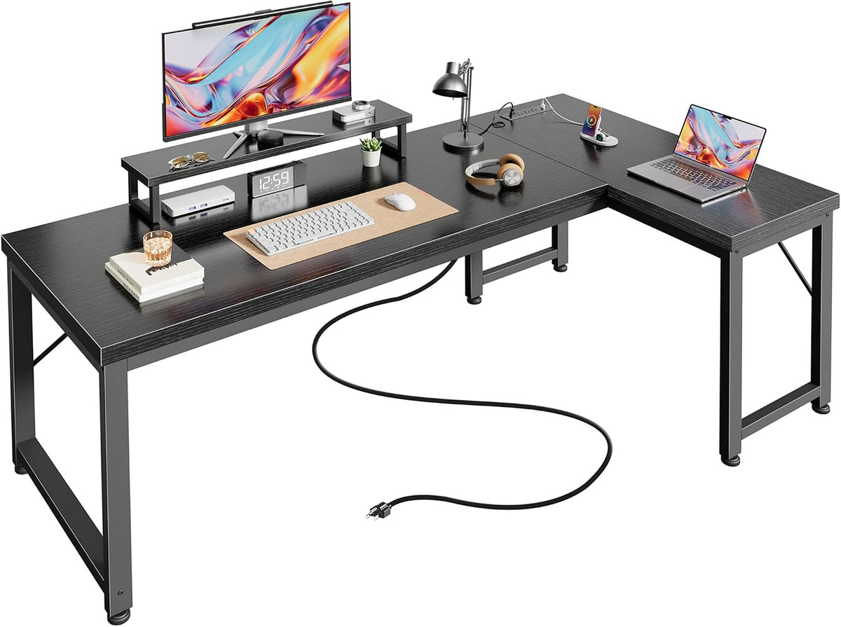 PRAISUN 53" L Shaped Computer Desk, Power Outlets, Monitor Stand, Black