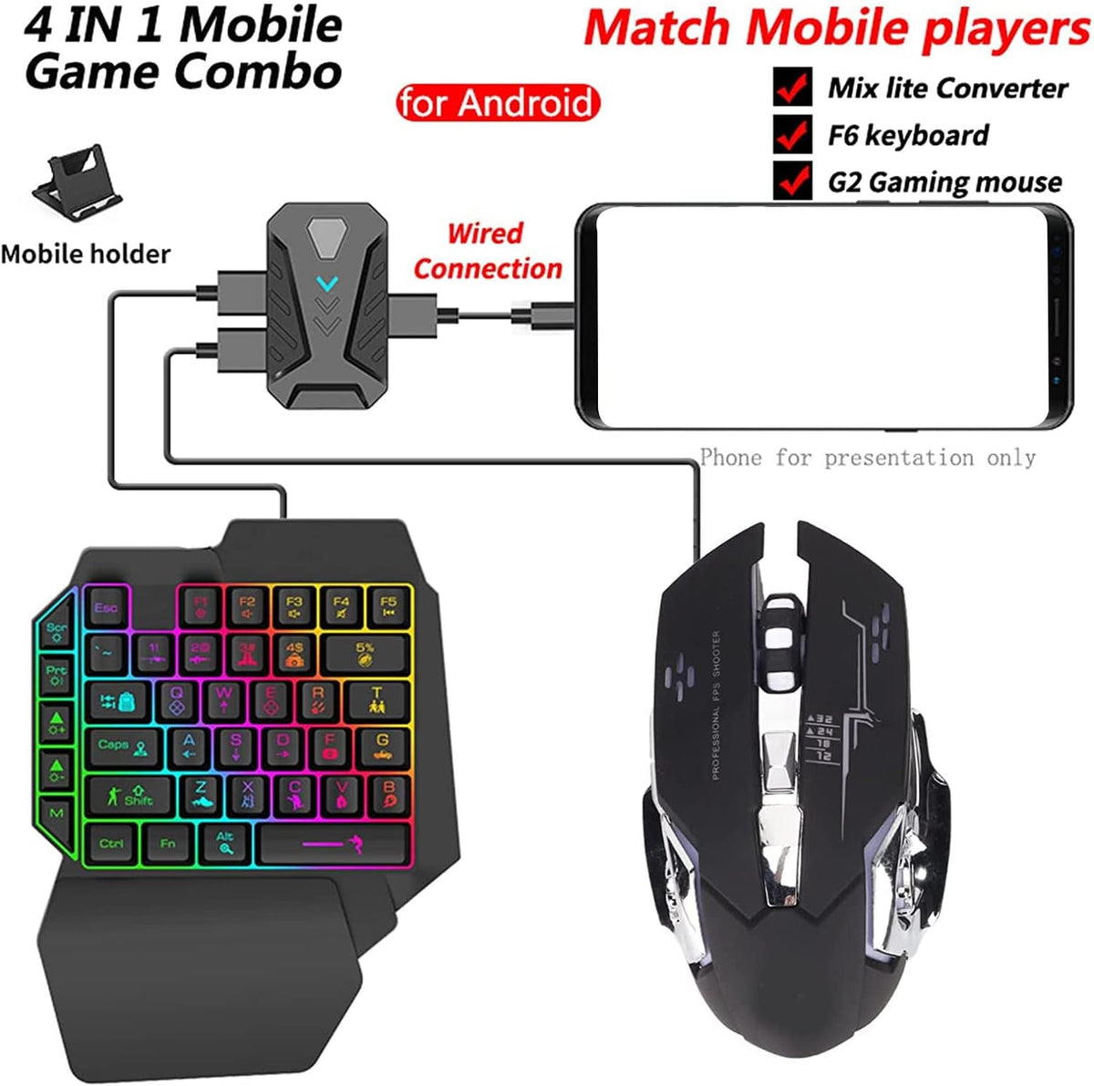 One - Handed RGB Gaming Keyboard and Mouse Combo, USB Wired LED Backlit Keyboard with Mouse and Converter, 35 Keys Mini Gaming Keypad Set for Android, for iOS 13.4 Or Less