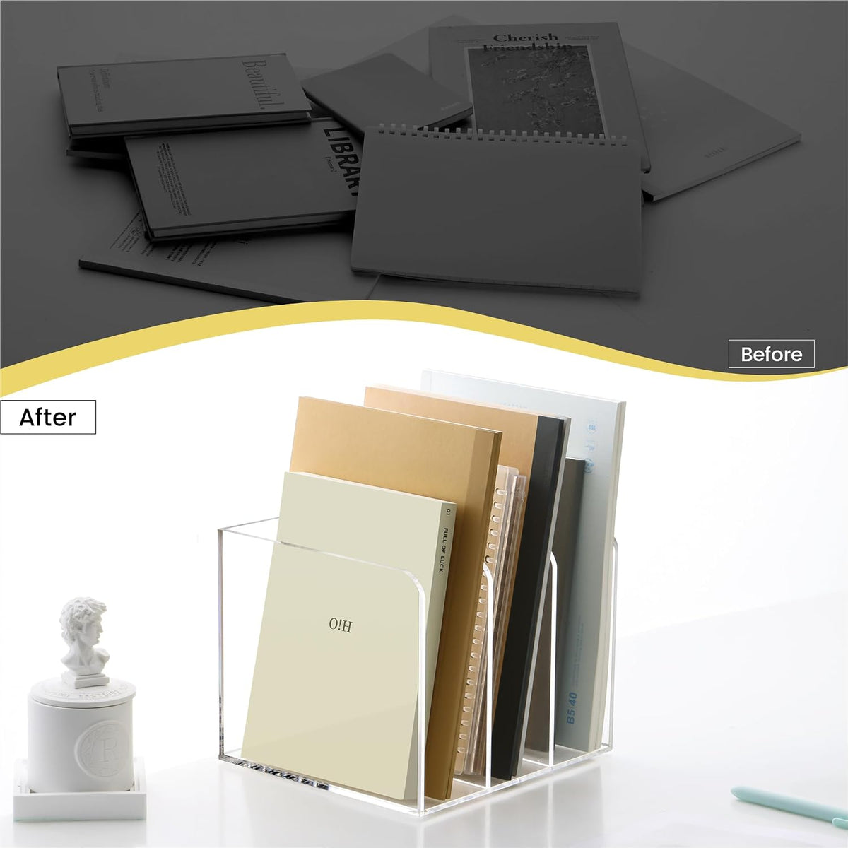 HeZone Acrylic Magazine File Holder,Clear File Organizer with 3 Compartment