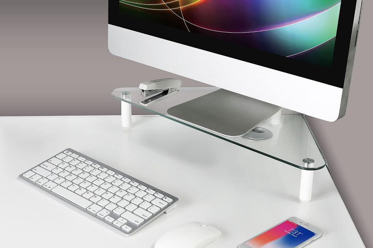 Kantek Glass Corner Monitor Riser, 19.7" x 11" x 3.25", Clear, Supports 40 lbs