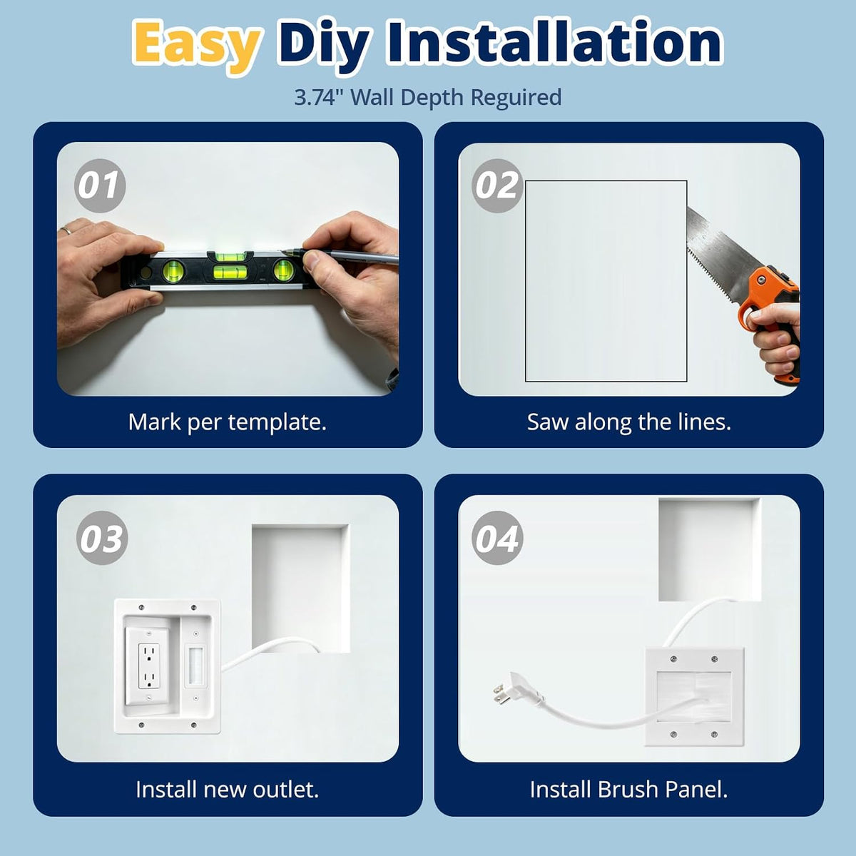 in Wall Cable Management Kit, TV Cable Hider Wall Kit, Hide Messy Wires, Recessed Outlet Box with 9.8FT Cord for Wall Mount TV, Home Theater, Cords Organizer, Living Room, Family Room, Office