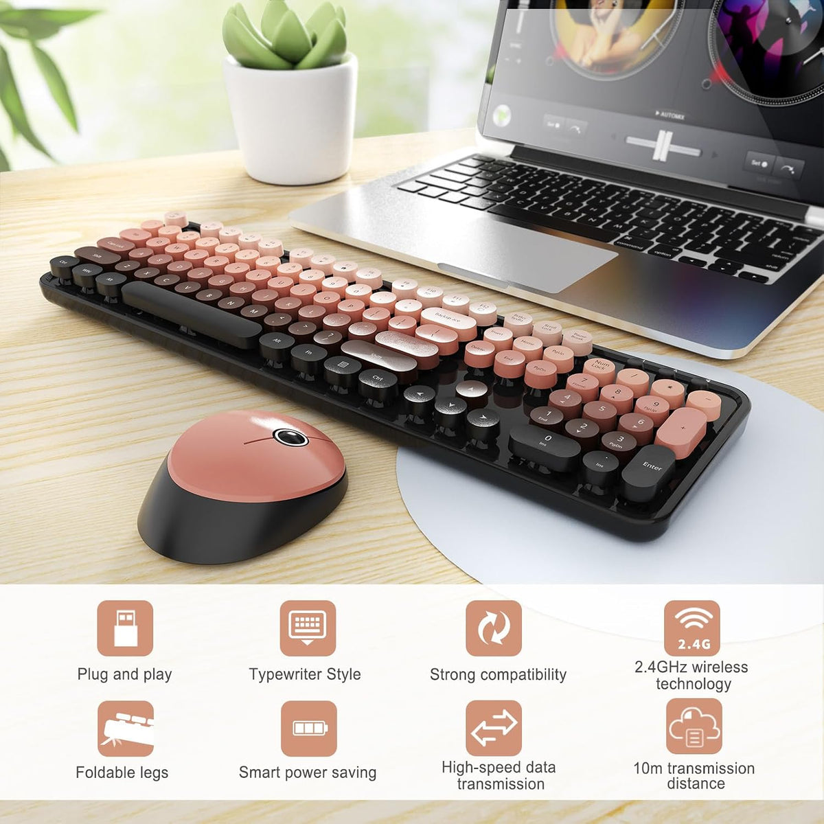 SkyGive Wireless Keyboard and Mouse Combo, Ergonomic Full Size Typewriter Retro Round Keycaps Keyboard, Compatible with Windows, PC, Perfect for Home and Office Keyboards (Aurora Red)