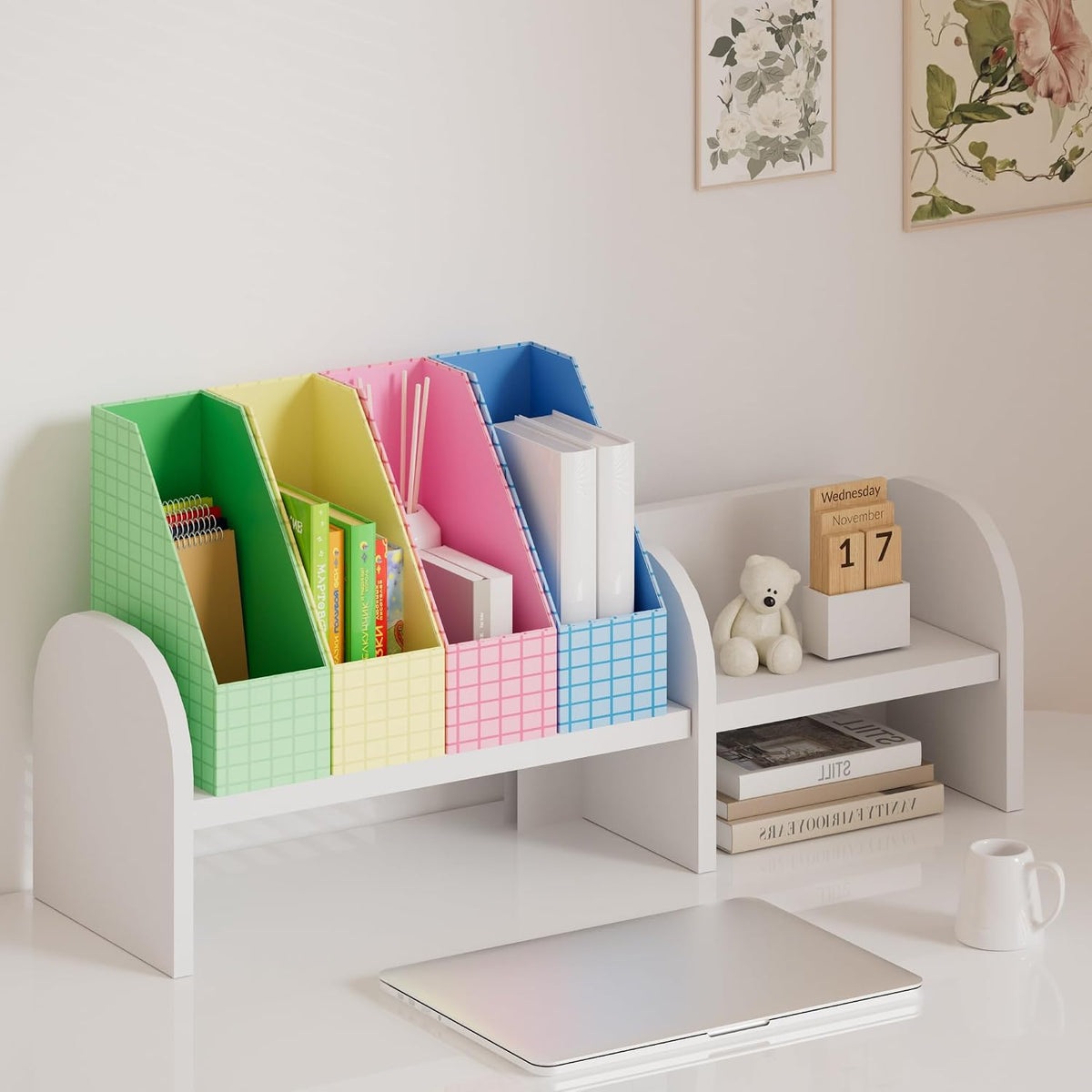 JiaWei Magazine File Holder Foldable Storage Boxes for Documents - Set of 4 Cardboard Magazine Rack Made of 2150 g/m² 10.5 cm Wide，Desk Organizer for Classroom, Home, and Office - Colorful