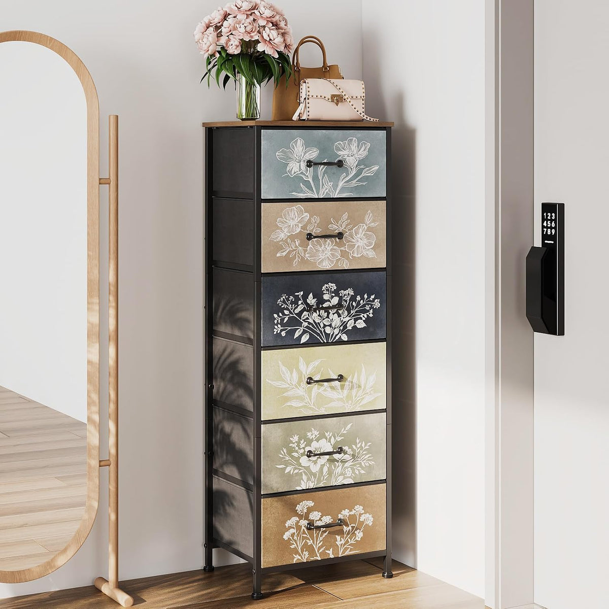 Tohomeor Vintage Dresser Vertical Nightstand with Neutral Botanical Plant Fabric Chest Drawers for Closet Bathroom Storage Tower Unit Bed Side Organizer Farmhouse Rustic (Rustic Brown, 6 Drawers)