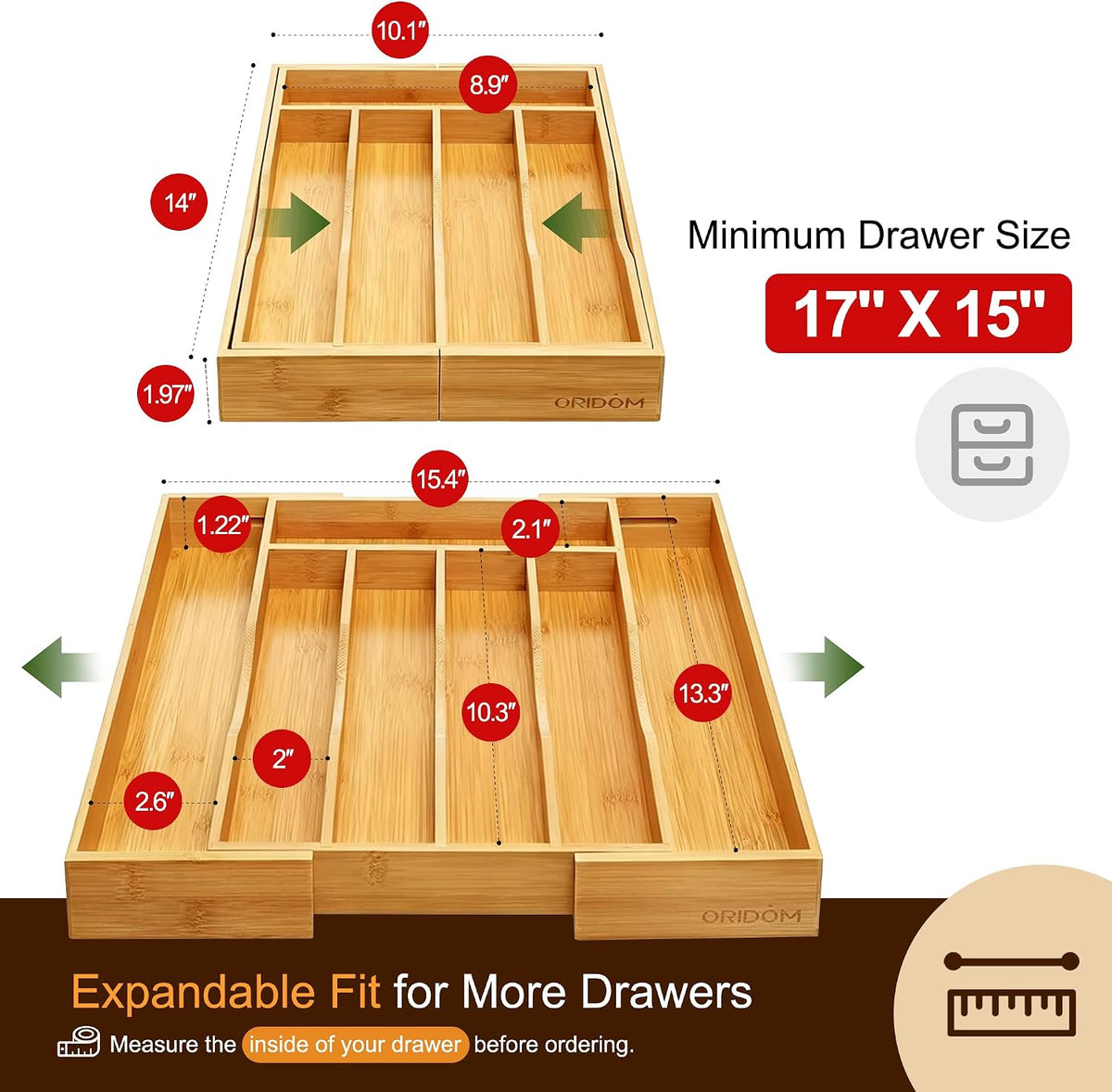 2-Piece Bamboo Silverware Organizer, Expandable Kitchen Drawer Organizer for Cutlery and Utensils, Multifunction Adjustable Bamboo Wood Cutlery Tray in Drawer for Flatware, (Natural)