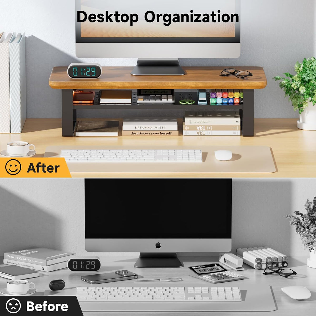 Monitor Stand Riser, 24 Inch Computer Monitor Stand for Desk, 2-Tier Wood Desk Shelf Organizer with Storage, Desktop Stand for Laptop/Screen/PC/Printer, Ergonomic Home Office Monitor Stand