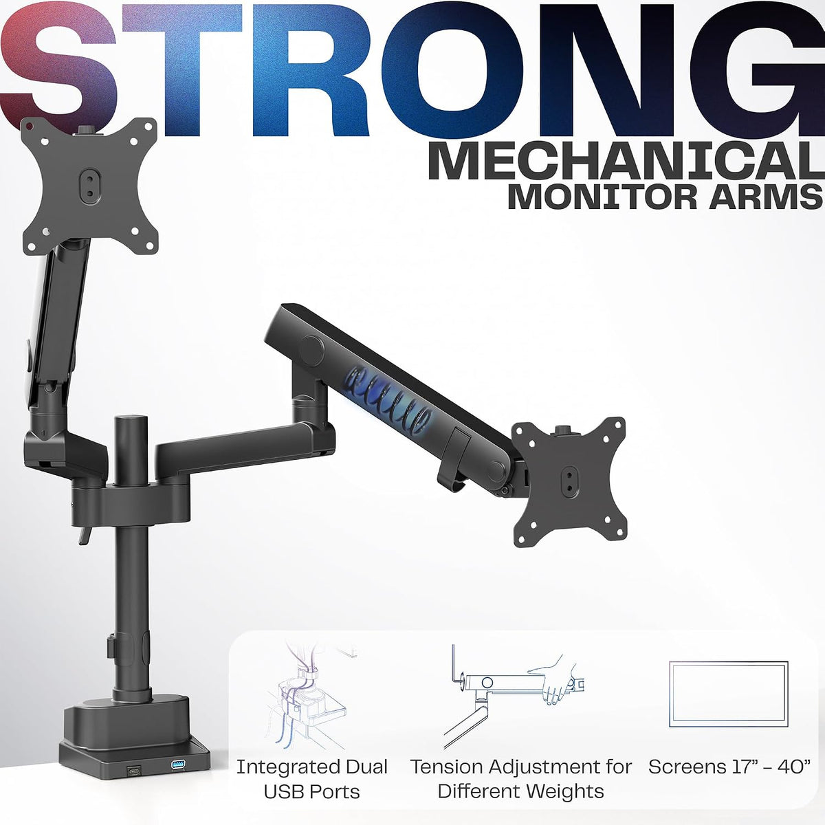 VIVO Premium Aluminum Full Motion Dual Monitor Desk Mount Stand with Lift Engine Arm, Pole Extension, and USB Ports, Fits Ultrawide Screens up to 40 inches, STAND-V102BDU