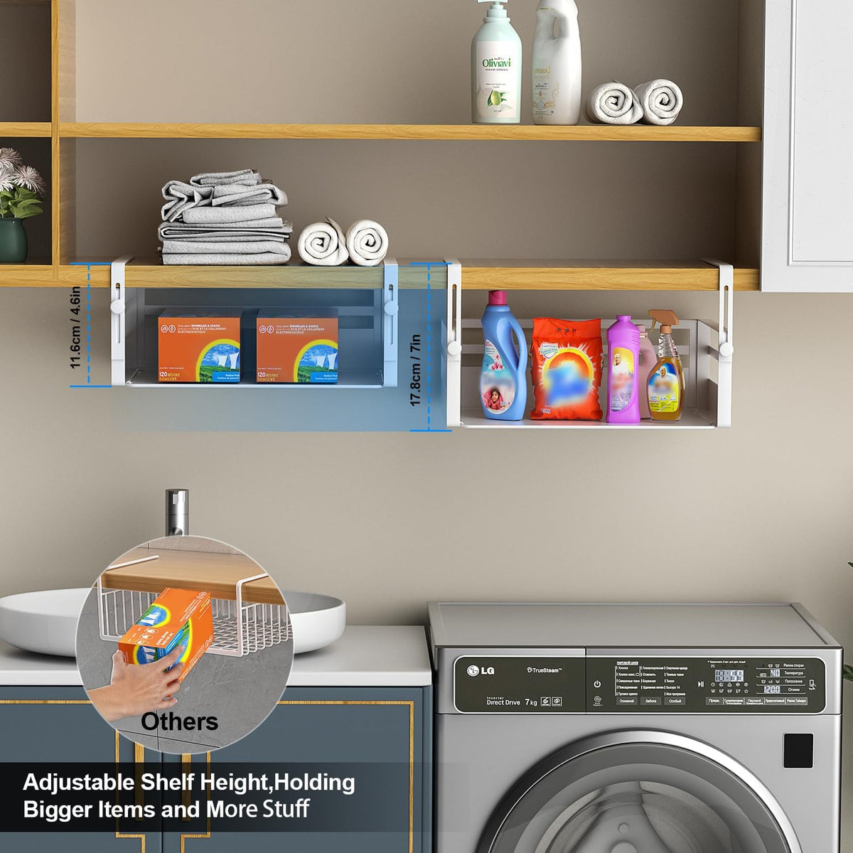 AmonHouseware 2 Pack Under Shelf Storage Basket Organizer,Adjustable Hanging Under Cabinet Add-on Storage Racks Slide-in Baskets Organizer for Laundry Room Kitchen Pantry Desk Bookshelf, White