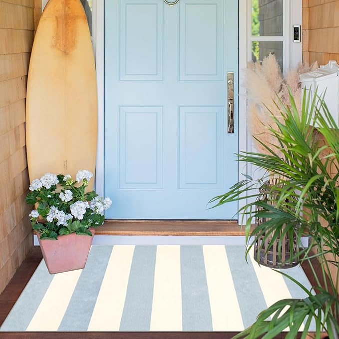 Blue White Striped Outdoor Rug