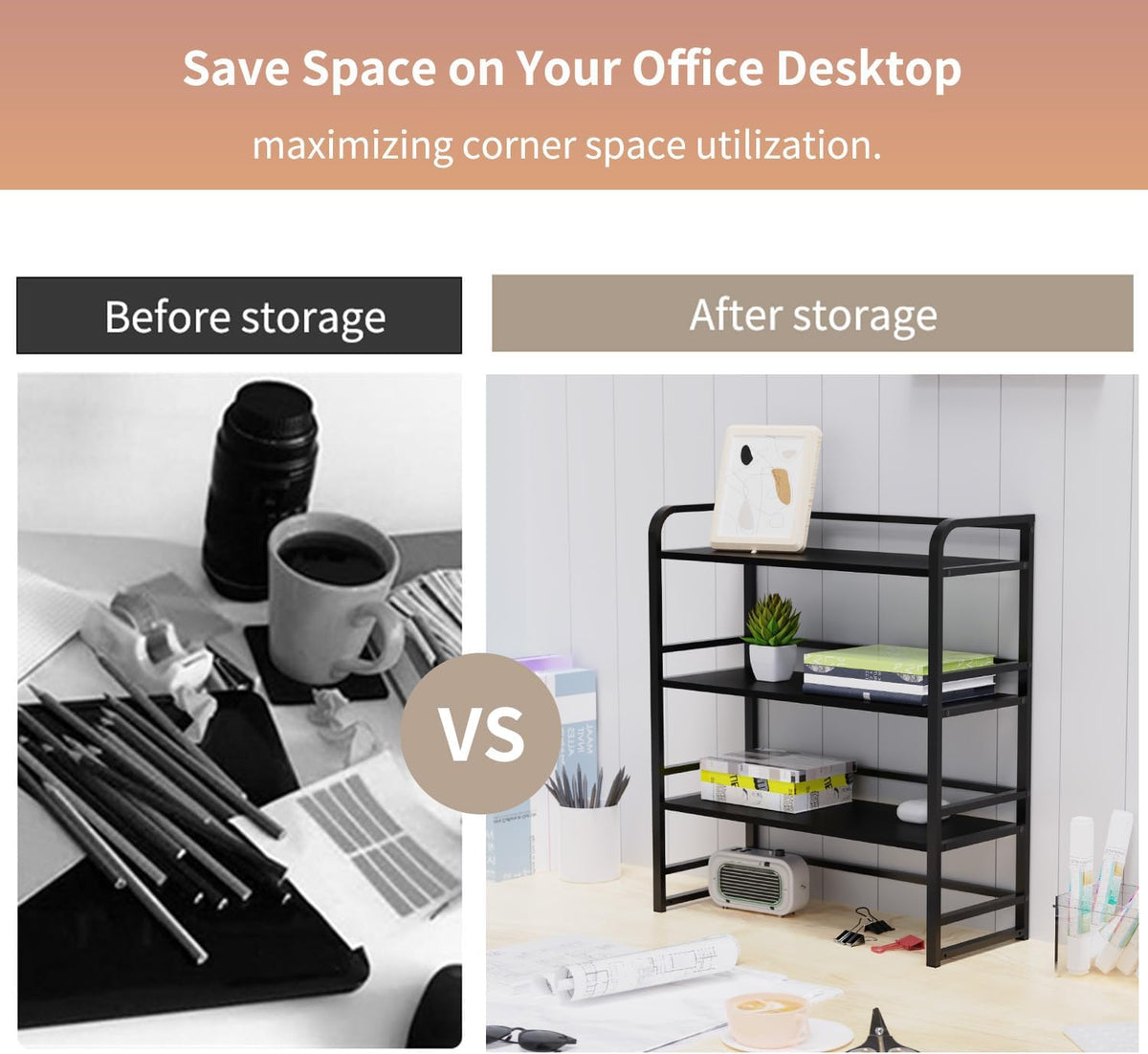 Office Desk Shelf Organizer, Wood Desktop Bookshelf Supplies Storage Rack, Shelf for Top of Desk and Dresser and Cubicle Decor Aesthetic Bookshelf (Black Black, Three Tier, 11.81Lx7.87Wx22.05H)