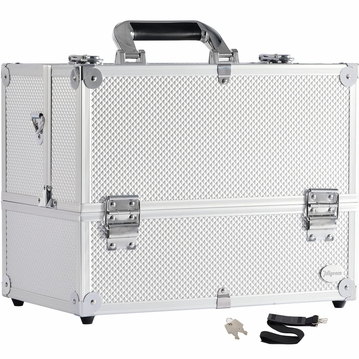 Joligrace Extra Large Makeup Train Case 6 Tray Make Up Artists Organizer Box Lockable Cosmetic Jewelry Toiletries Carrier Crafters Tool Cases with Adjustable Dividers & Shoulder Strap - Silver