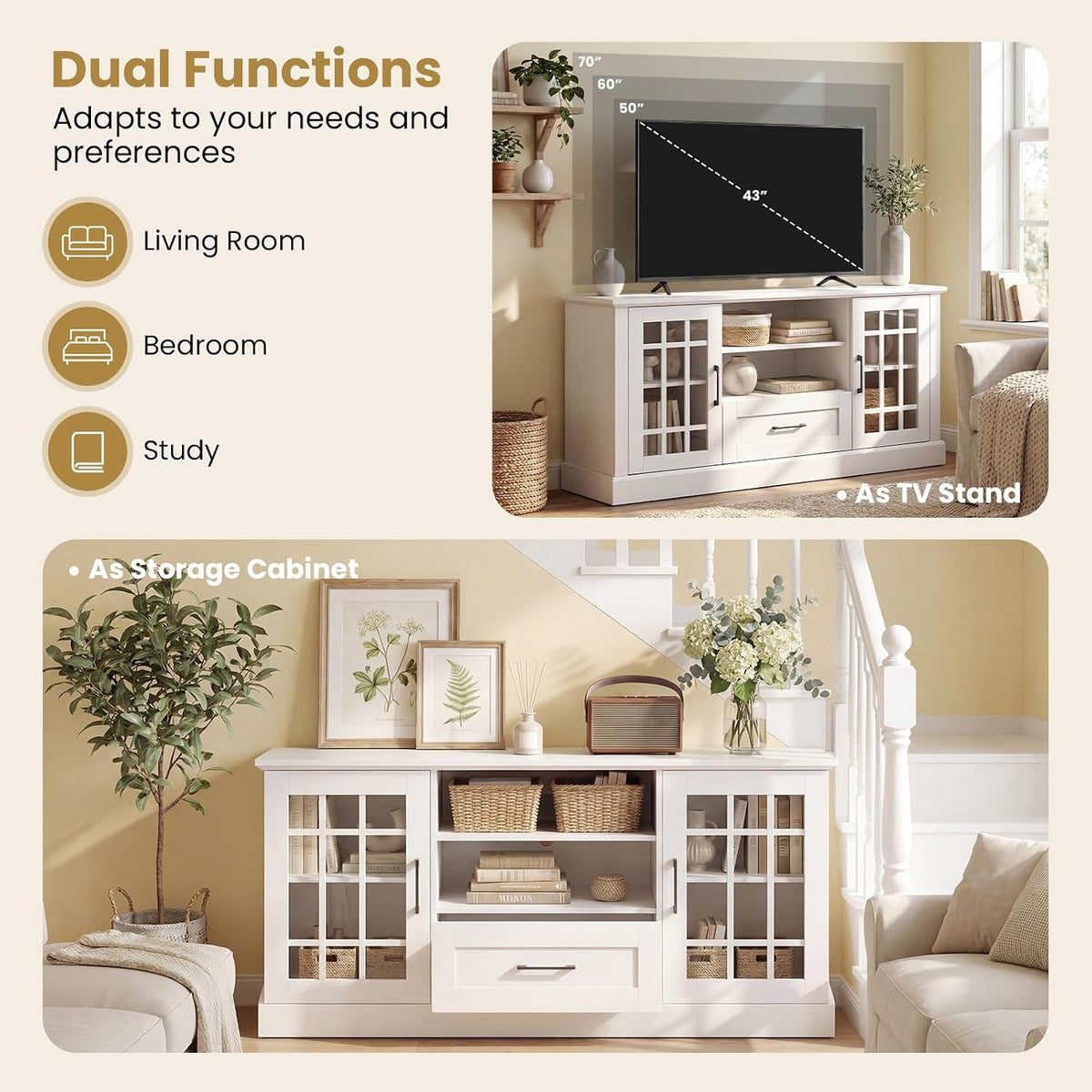 LOKO 62 Inch TV Cabinet, Media Console Table w/ 2 Glass Door Cabinets & Drawer, Fit TVs up to 70”, Cable Management Holes, Farmhouse Style TV Stand for Living Room, Bedroom (White)