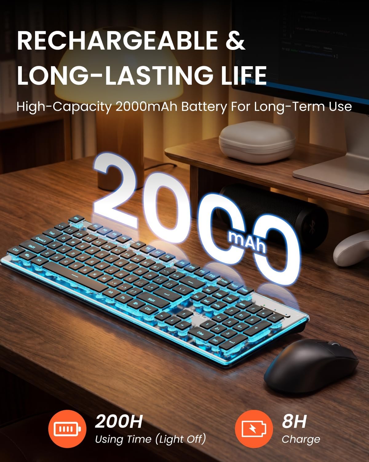 Wireless Keyboard and Mouse Combo with Blue Backlit, Rechargeable-Black