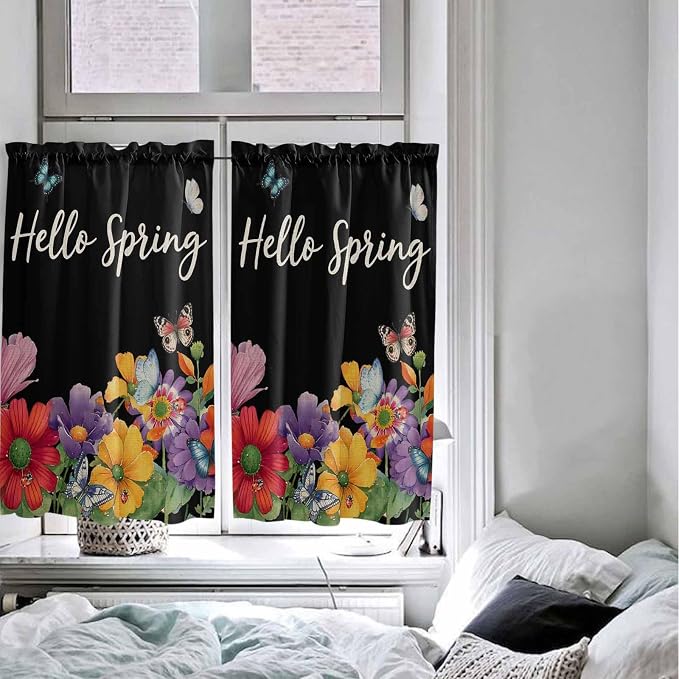 Spring Flowers Kitchen Curtains 54 Inches Length, Watercolor Country Colorful