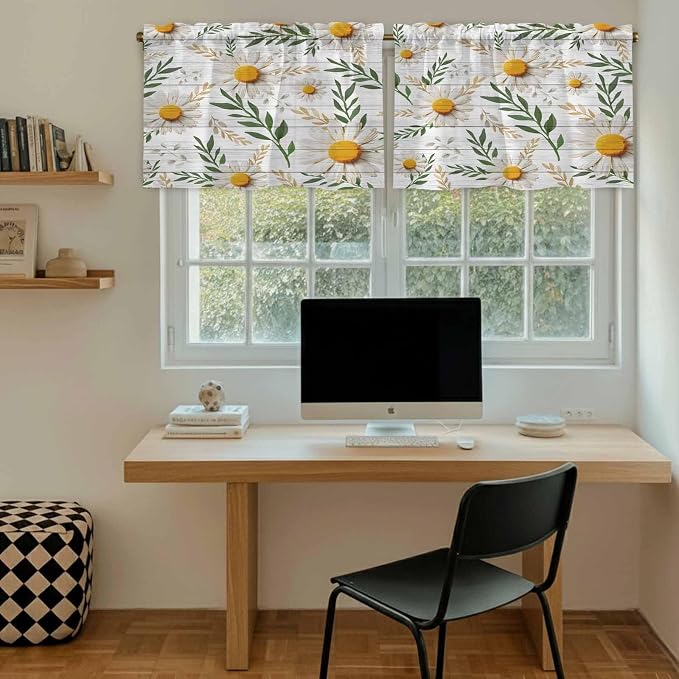 Spring Daisy Tier Curtains, Farmhouse Country Flower Leaf Plant Wood Grain