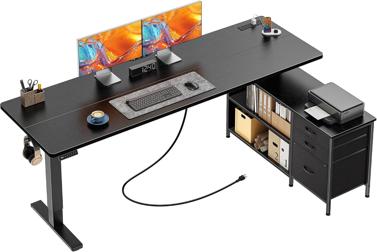PRAISUN 63'' L Standing Desk with Outlets, Cabinet with Shelves, Drawers