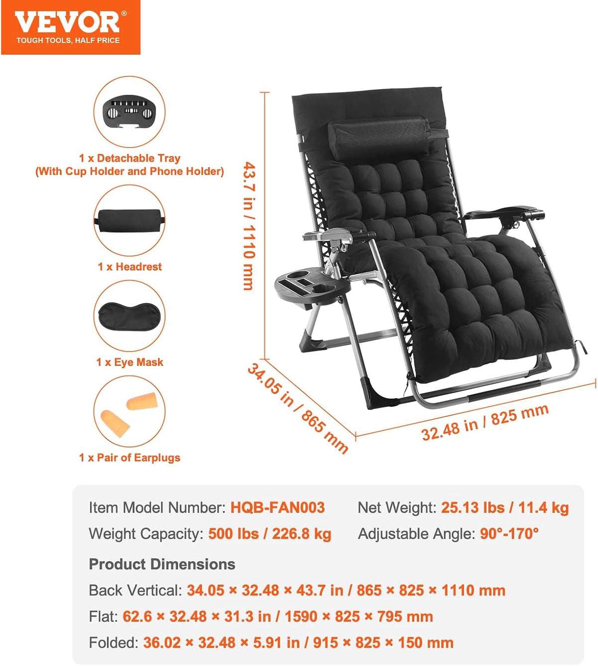 VEVOR Zero Gravity Chair, 33 inch Zero Gravity Recliner Lounge Chair for Indoor and Outdoor, Adjustable Anti Gravity Chair with Cushion, Headrest, Footrest, and Cupholder, 500 lbs, Black