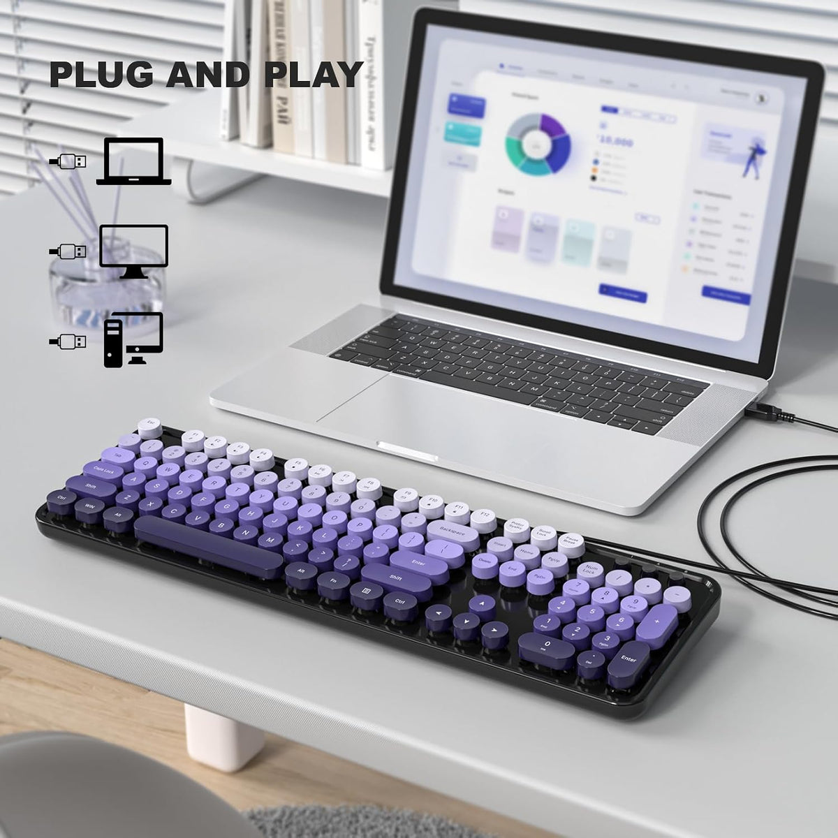 Atelus Computer Keyboard Wired, Retro USB Keyboard with Large Number Pad, Caps Indicators, Foldable Stands, Full Size Typewriter Keyboard for Windows PC Laptop (Black Purple)