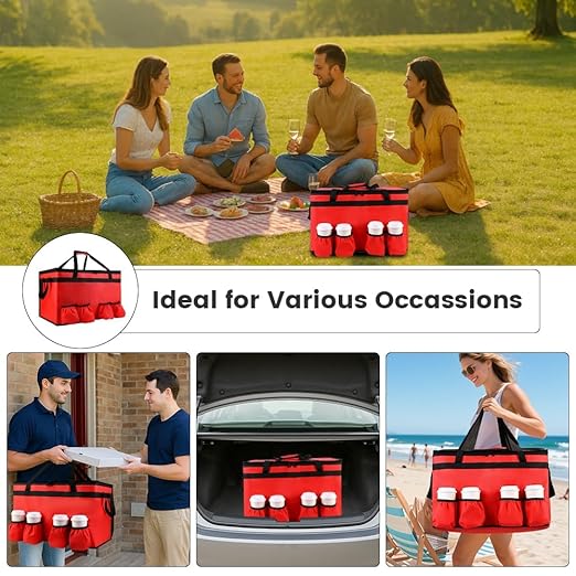 Insulated Food Delivery Bag with 4 Cup Holders, XX-Large Insulated Grocery Bags Keep Food Hot/Cold, Cooler Bags with Drink Carrier, Food Carrier Catering Bag, Commercial Food Warmer Bag, Red