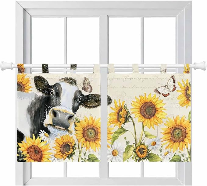 Yellow Sunflowers Kitchen Curtains 24 Inch Length, Small Window Curtains Tab Top