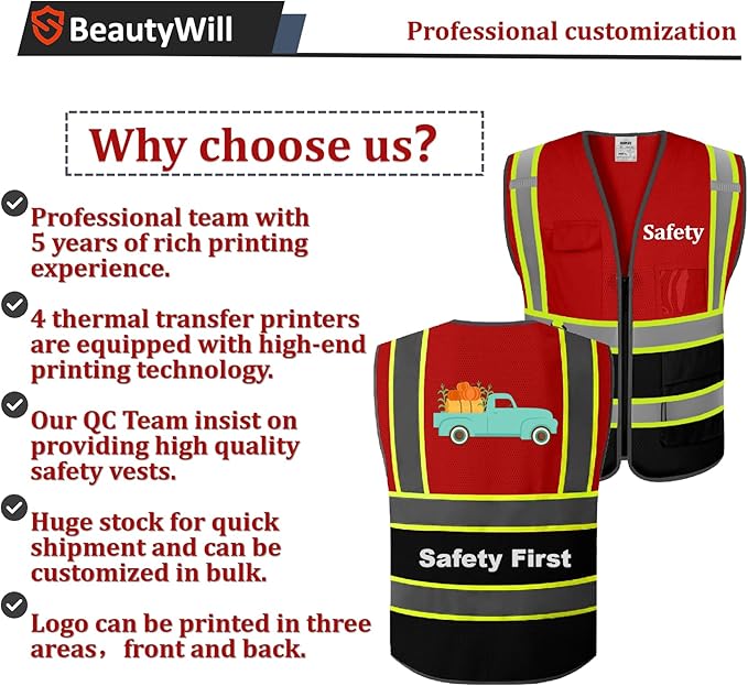 5 Pack Custom Safety Vest Customized Logo Mesh Vest Class 2 High Visibility Reflective Vest with Pockets Workwear（Red Black，XL ）