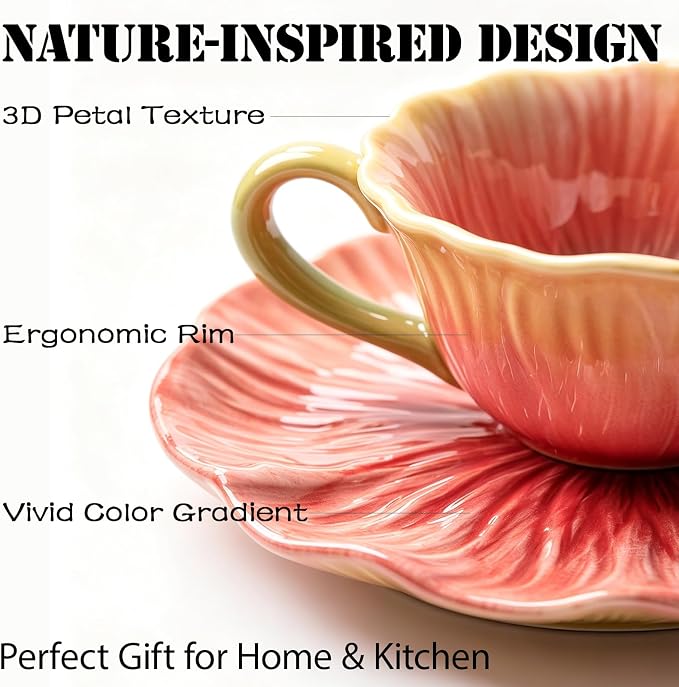 10 oz Tea Cups and Saucers, Flower-Shaped Ceramic Latte Art Cappuccino Cup and