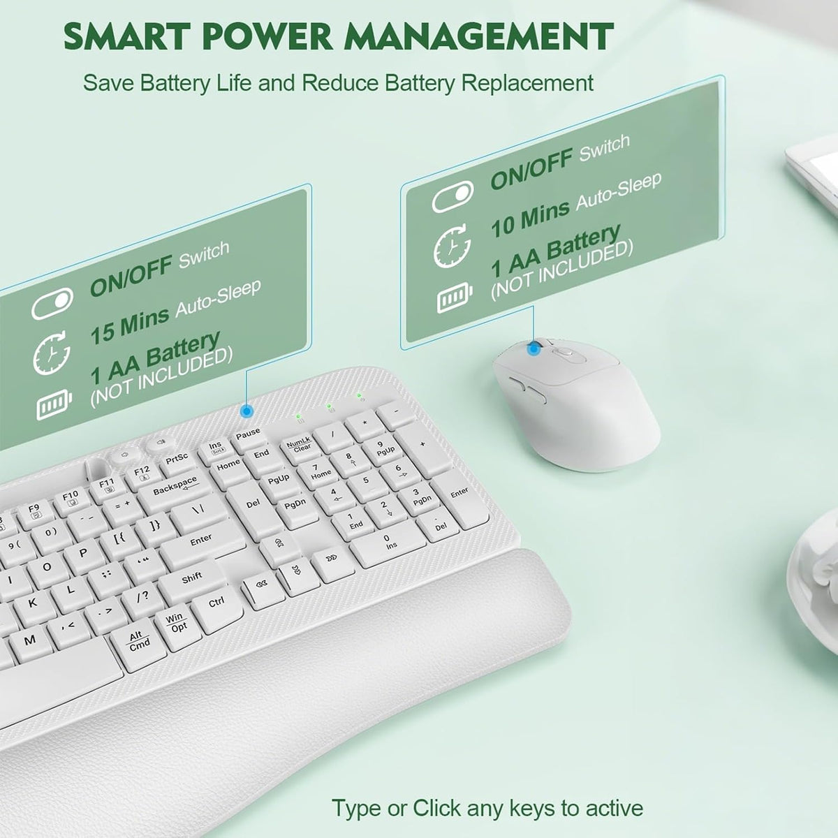 Wireless Keyboard and Mouse Combo, Full-Sized Ergonomic Wave Keys Keyboard with Memory Foam Wrist Rest & Phone Holder, 2.4G Quiet Keyboard Mouse Work Setup for PC Laptop, Office or Home (White)