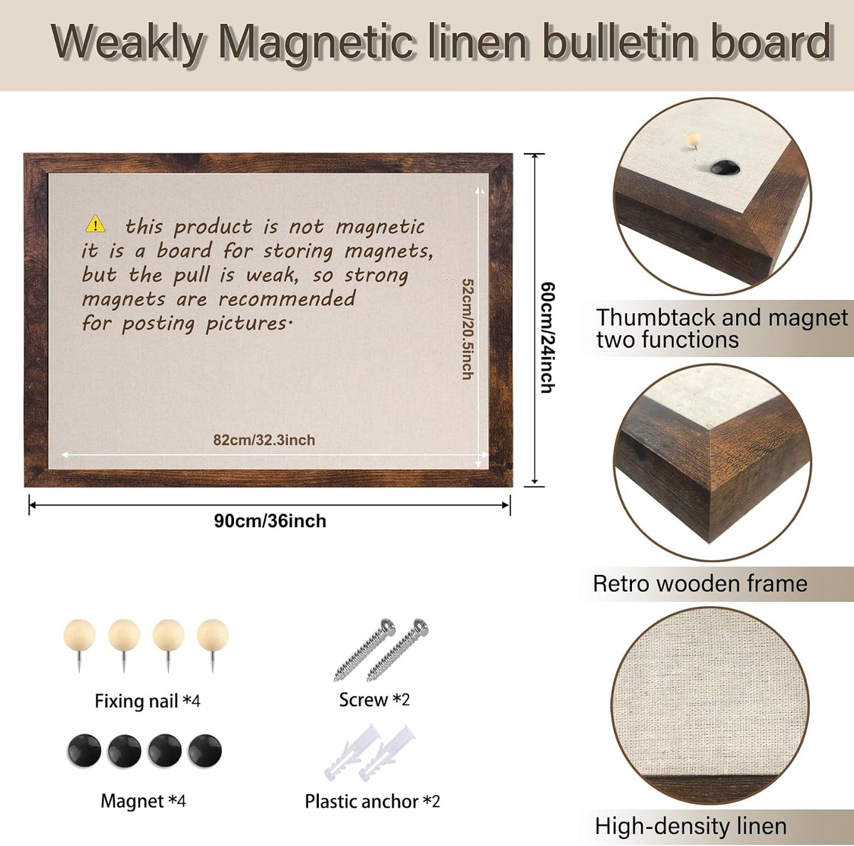 Large Magnetic Bulletin Board 36 x 24 Inch for Wall,Rustic Framed Cork Board with Linen for Home Office School,with 4 Push pins, 4 Magnets