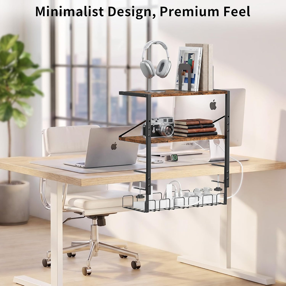 Clamp on Desk Shelf, 19in 3-Tier Desk Shelves Organizer with Under-Desk Hidden Storage Basket, Desktop Supplies Storage Rack for Home Workspace, Study Rooms,Gaming Devices