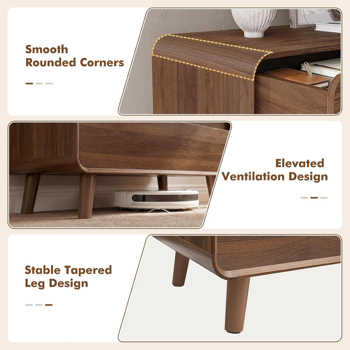 Nasonet 3 Drawer Dresser for Bedroom, Mid Century Modern Chest of Drawers, Curved Dresser with Storage Drawer, Wooden Bedroom Furniture Drawer for Closet, Home Office, Walnut