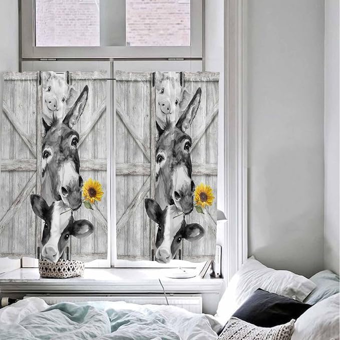 Grey Farmhouse Kitchen Curtains 54 Inches Length, Vintage Sunflowers Animals