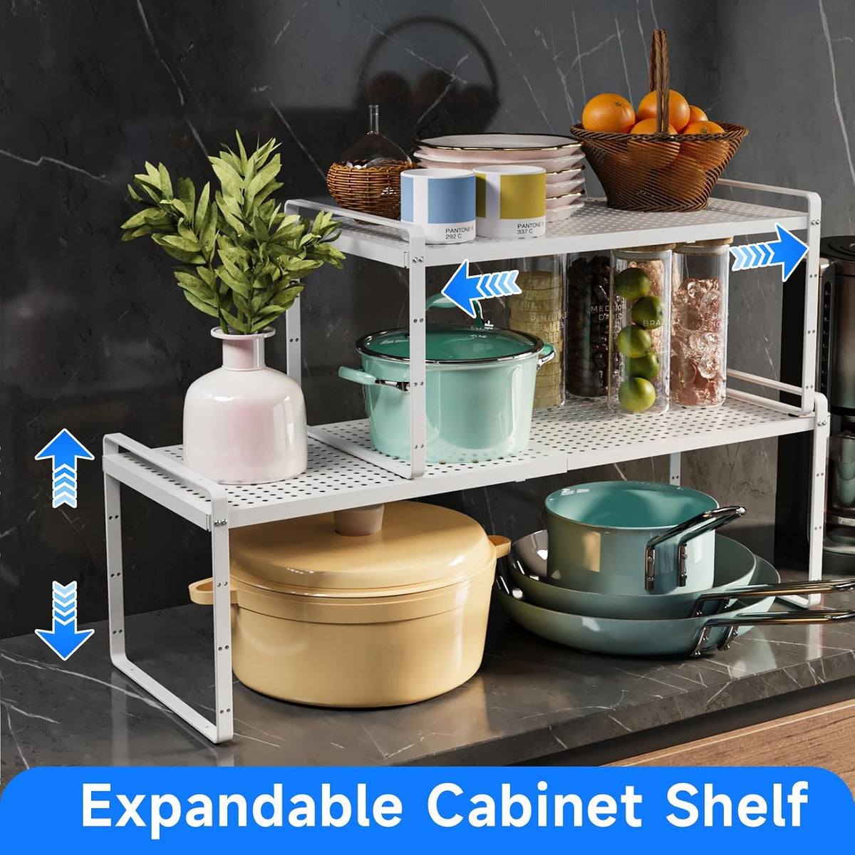 Expandable Cabinet Shelf Organizers, Kitchen Small Stand Rack Organization for Countertop Cupborad Pantry Desktop Spice Rack, White 1 Pack