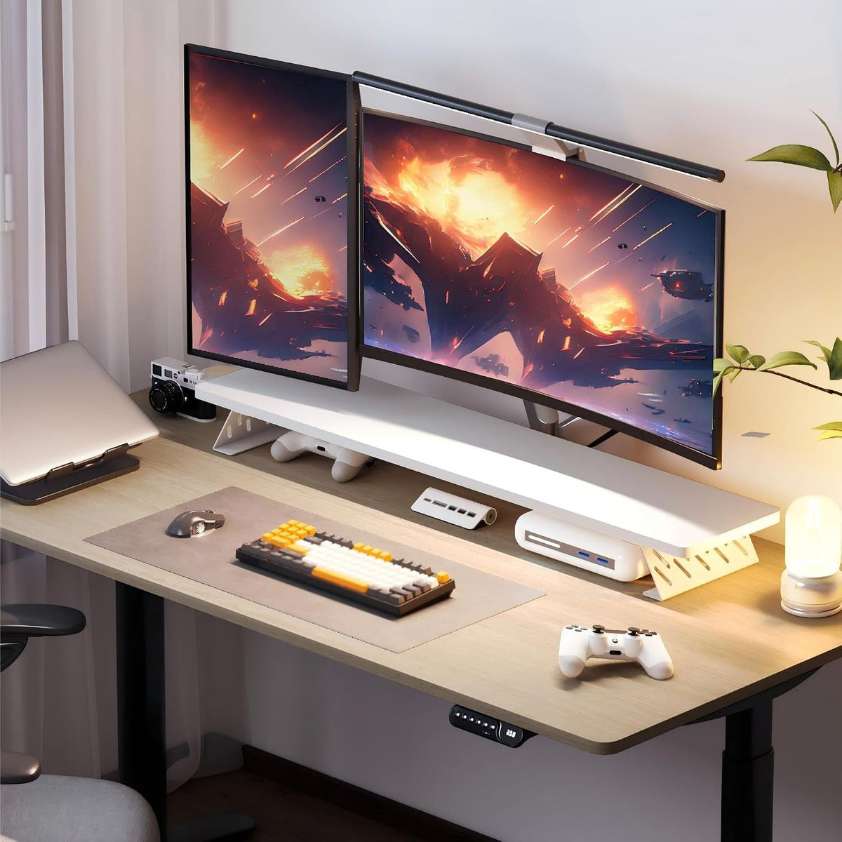 Fenge Monitor Stand Riser, Wooden & Metal Desk Shelf Organizer, White
